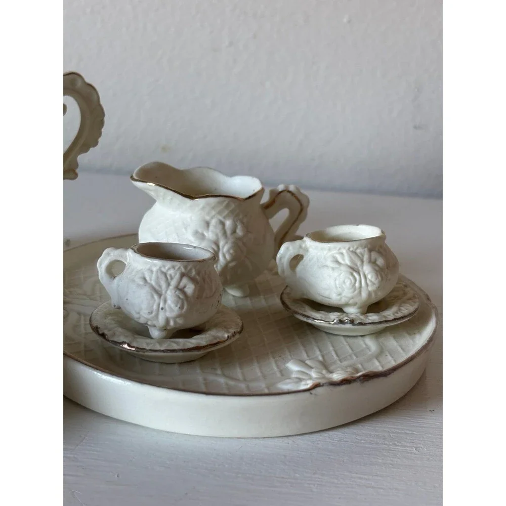 Mini porcelain TEA SET - 6 pieces, vintage decor trinket white lace gold leaf